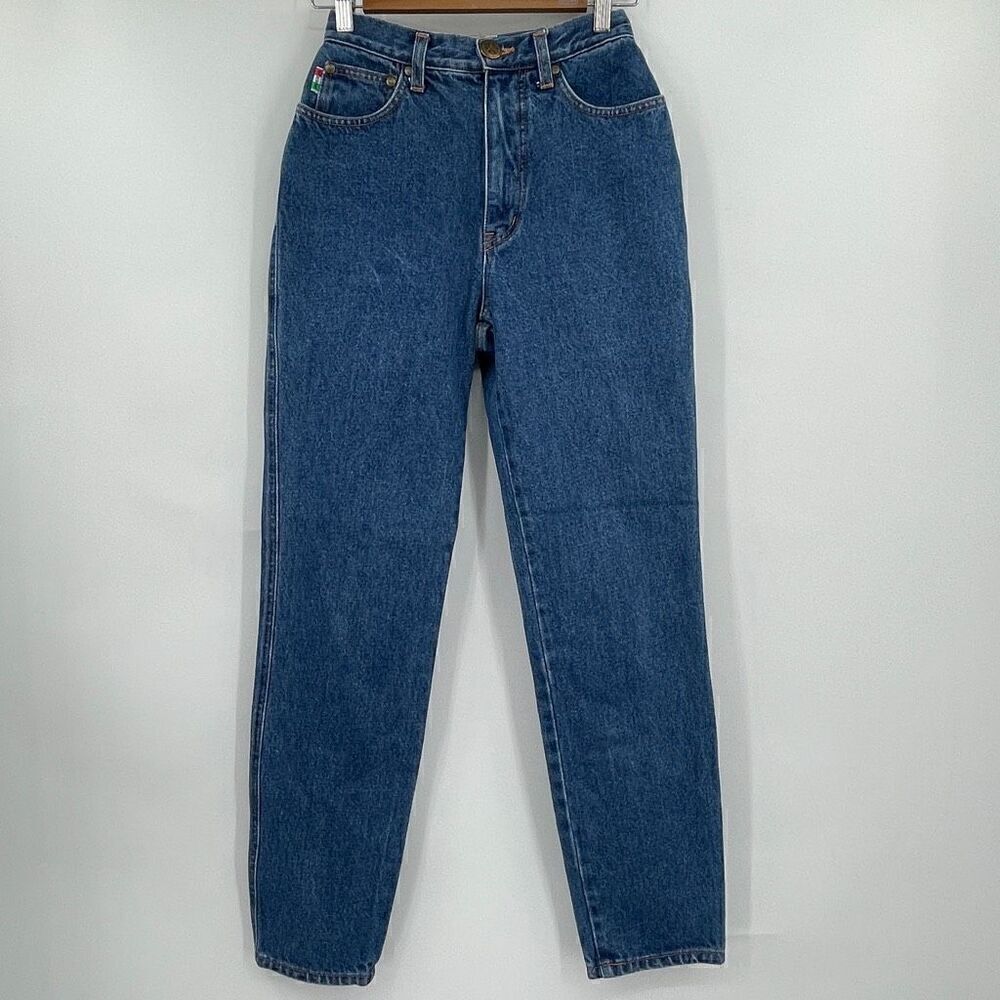 Moschino Blue Peace Logo Leather Patch High Waisted Mom Denim Jeans Size 30